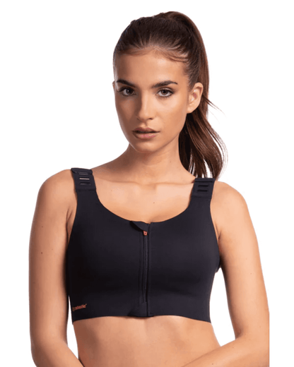 The LIPOELASTIC Pi Elite post surgery bra, a front fastening post surgery bra with a pink zip and adjustable clip straps