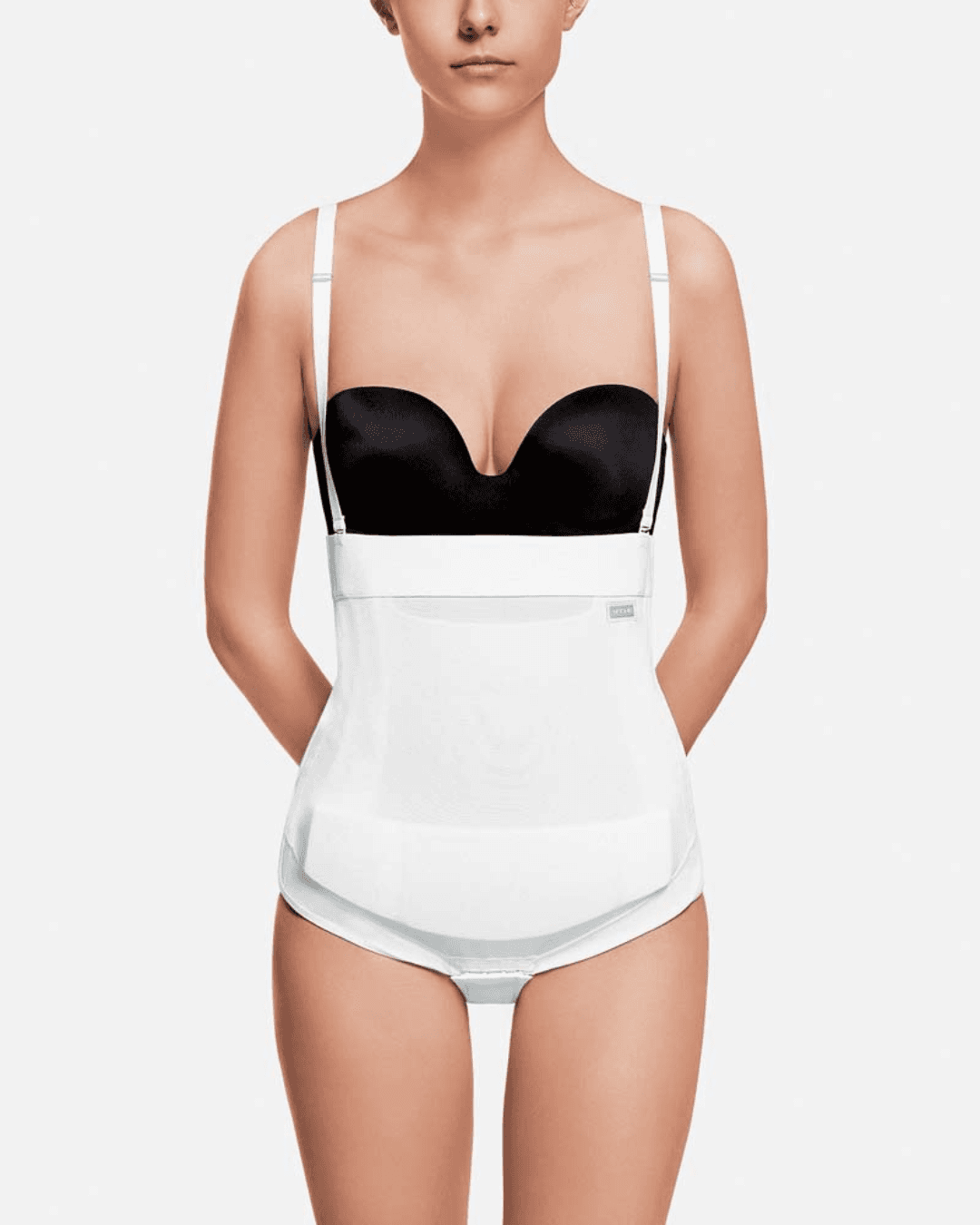 Image of Recova tummy tuck female supporter with adjustable Velcro side openings. This post-surgery garment provides optimal compression through double skin reinforcements. It includes a unique pocket with a removable foam insert for targeted scar area compression. With detachable and adjustable shoulder straps, flat seams, and compatibility with EPI-FOAM Pads, it is ideal for abdominoplasty, pubic procedures, C-sections, or abdominal liposuction