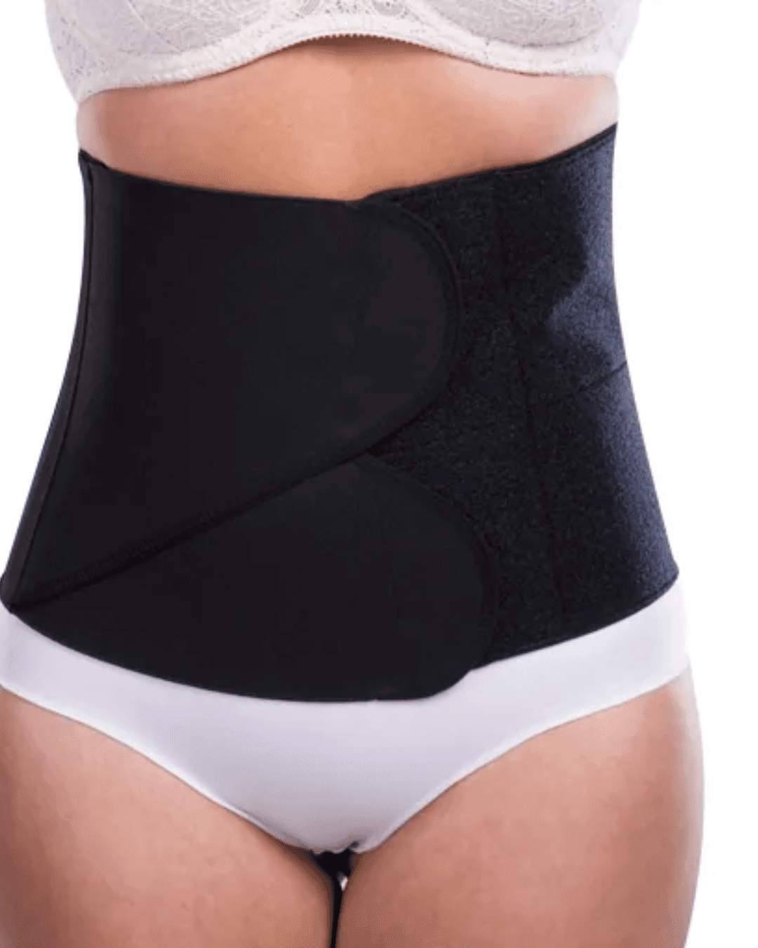 Close up image of the LIPOELASTIC black kpress. Unisex post surgery abdominal binder with two adjustable straps 