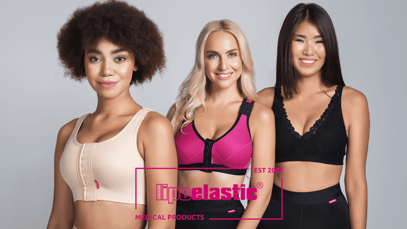 Lipoelastic image featuring a lady wearing the PI Ideal and the two Lipoelastic second stage bras, the PI unique and PI Premium 