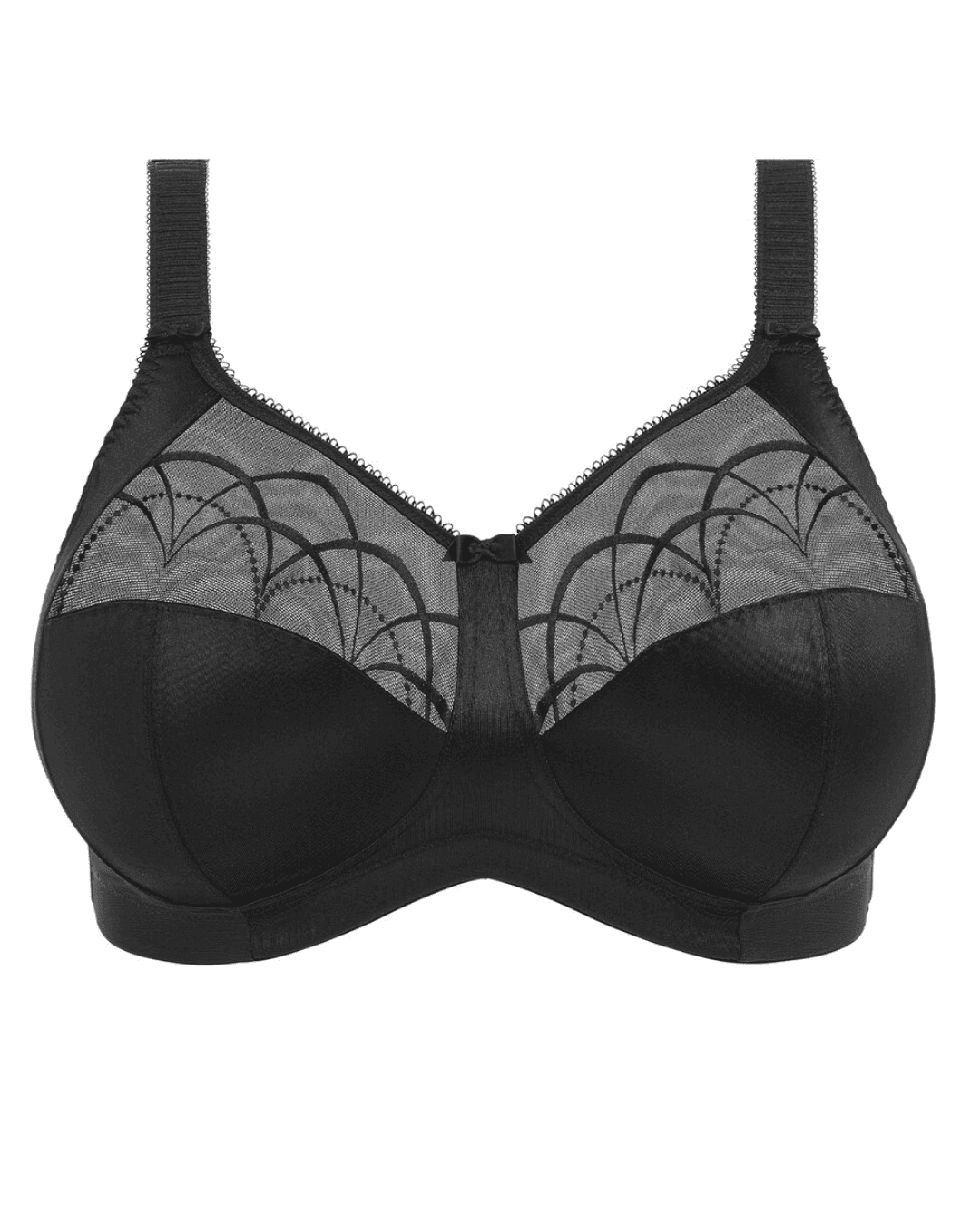 Elomi Cate Soft Cup Bra in black with sheer embroidery, soft satin cups, and an intersecting arc design. The bra offers three-piece cups with side support for shaping, uplift, and separation. It features a wide elastic underband, flexible side boning, and powernet wings for enhanced support. Complete with charming bow details, this bra combines elegance and comfort.