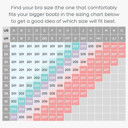 image of size guide for evenly bra balancer, a solution designed for breast asymmetry 