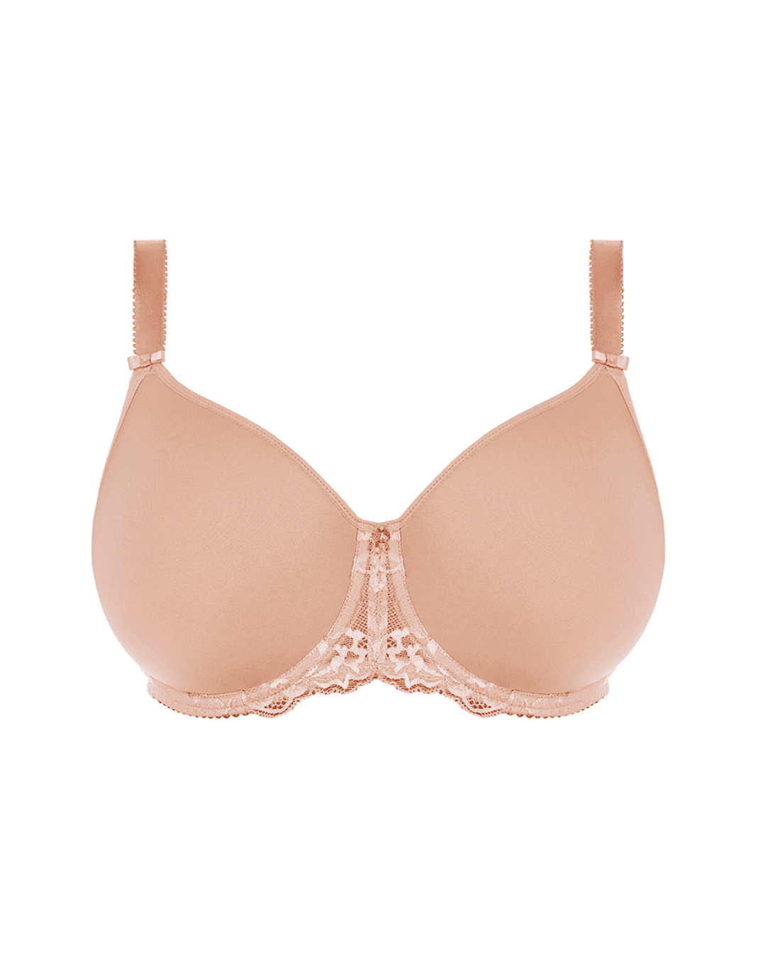 Natural beige Aubree Spacer Moulded Bra by Fantasie. Delicate two-toned lace detailing on the cradle and wing. Lightweight cups offer full coverage and a seamless finish. Wide wired design for comfort and support. Adjustable straps and side support ensure a secure fit and forward projection. Experience elegance and impeccable fit with Fantasie's Aubree Spacer Moulded Bra