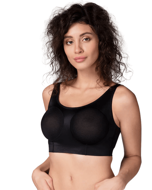 LIPOELASTIC PI Filling Bra - post-surgical compression bra for breast fat transfer recovery, featuring soft thermally shaped cups and adjustable straps."