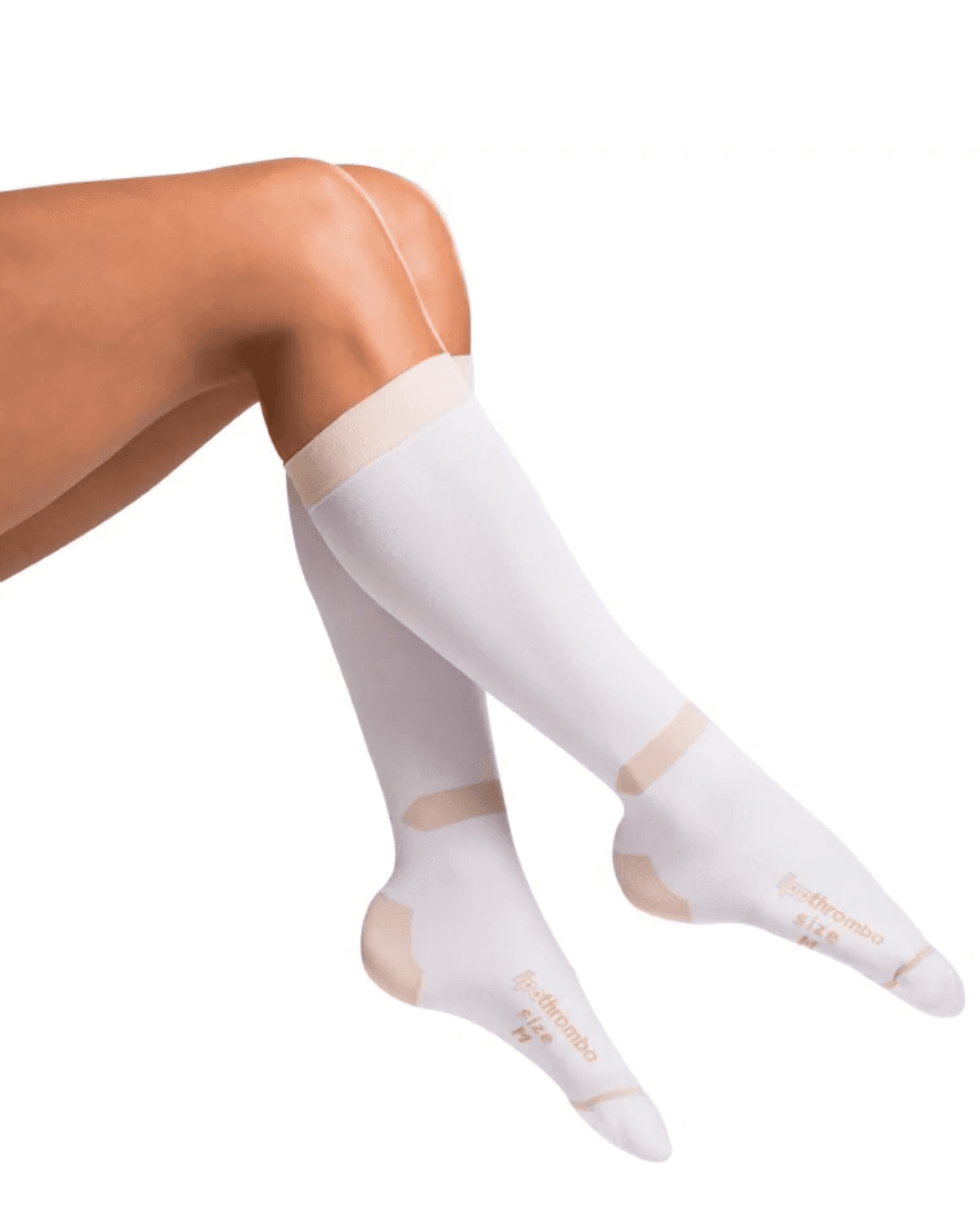 Unisex LIPOTHROMBO AD compression stockings, knee-high design, with graduated compression for DVT prevention, featuring a white finish and easy-access toe opening.