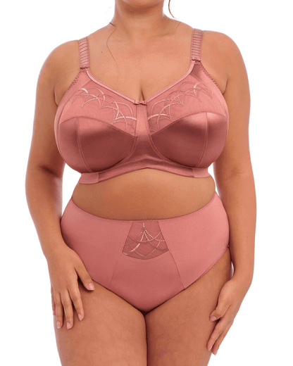 Elomi Cate Soft Cup Bra in Rosewood with sheer embroidery, soft satin cups, and an intersecting arc design. The bra offers three-piece cups with side support for shaping, uplift, and separation. It features a wide elastic underband, flexible side boning, and powernet wings for enhanced support. Complete with charming bow details, this bra combines elegance and comfort.