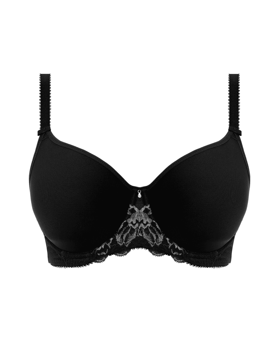 A Night Sky-hued Aubree Spacer Moulded Bra by Fantasie. Delicate two-toned lace detailing on the cradle and wing. Lightweight cups offer full coverage and a seamless finish. Wide wired design for comfort and support. Adjustable straps and side support ensure a secure fit and forward projection. Experience elegance and impeccable fit with Fantasie's Aubree Spacer Moulded Bra