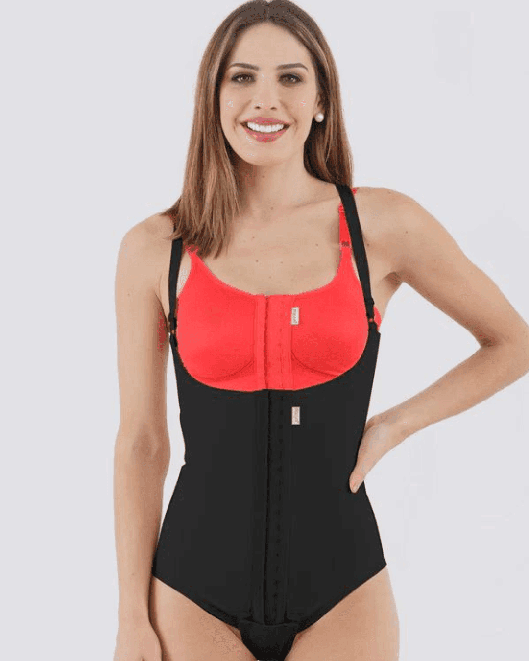 Image of lady wearing the macom high back girdle in black. Suitable for abdominal surgeries including caesarean delivery and liposuction procedures